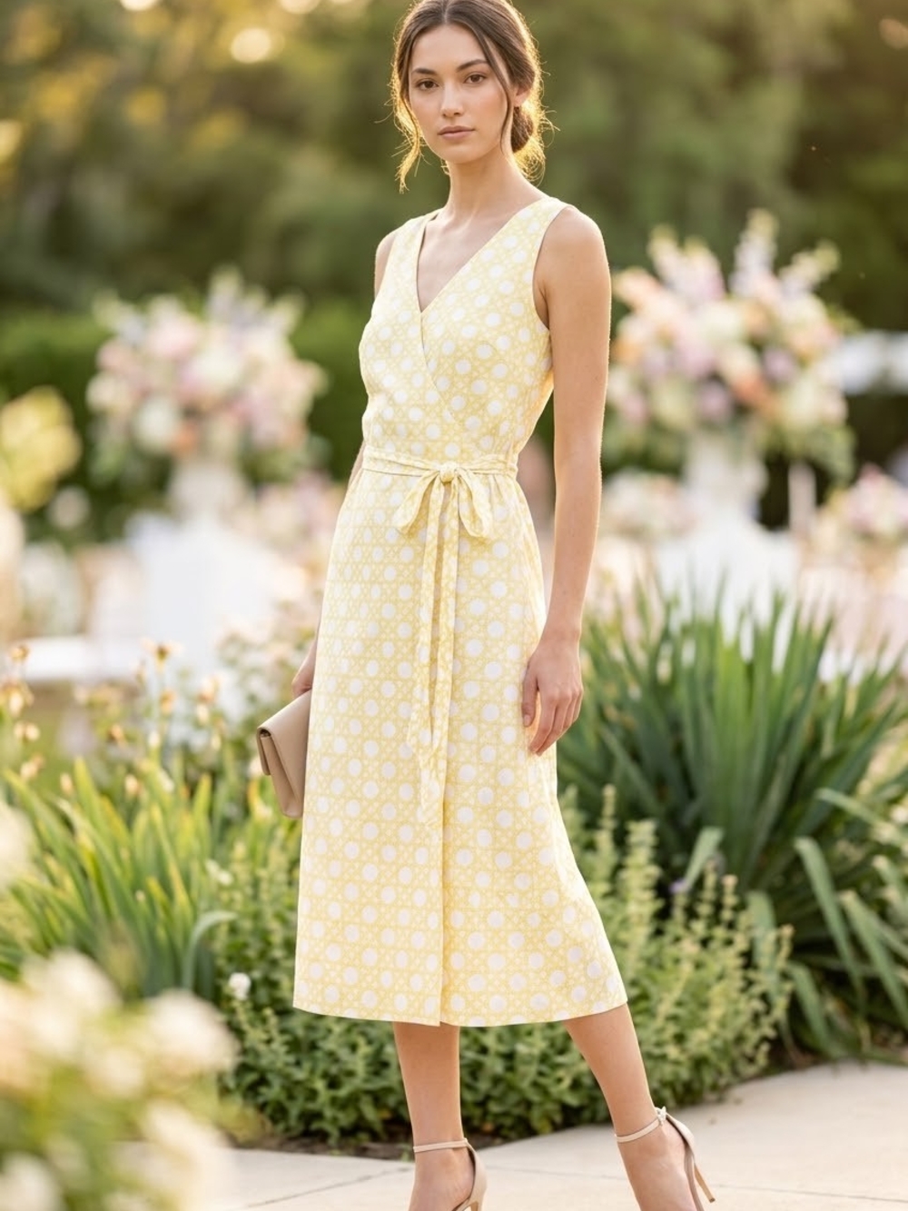 Ann Taylor Yellow Sleeveless V-Neck Tie-Waist Midi Dress